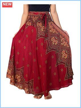 Boho Maxi Skirt Floral Print Flowy Lightweight Rayon Elastic Drawstring Long